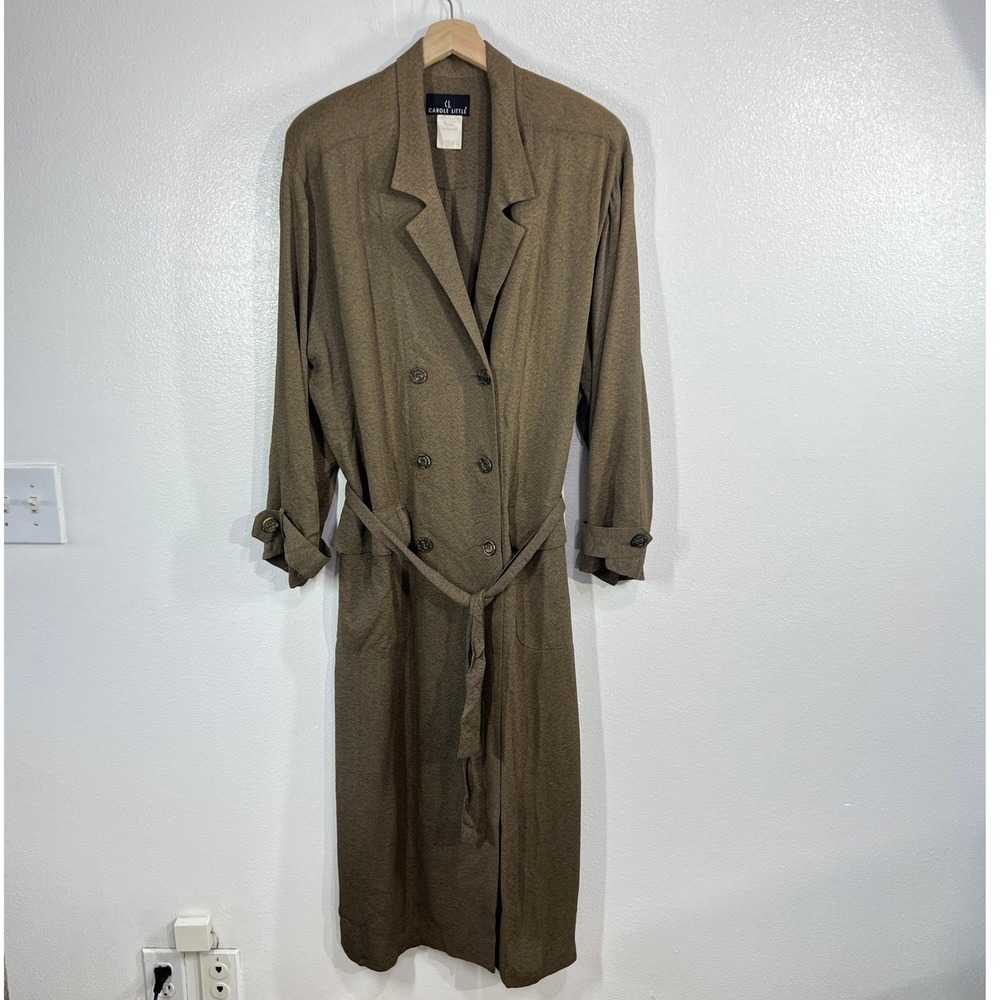 Vintage 90s Carole Little Trench Dress Size 14 Tan Rayon Acetate Double Breasted